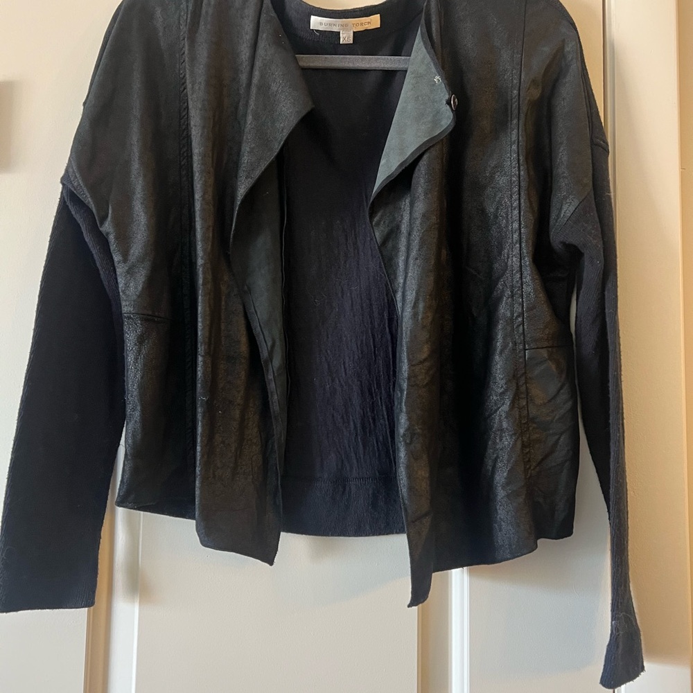 Burning Torch Black Leather Jacket Asymmetrical Minimalist Design